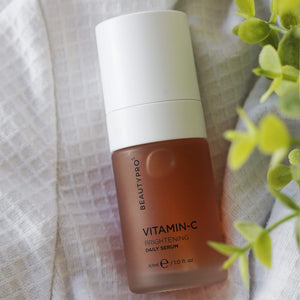 BEAUTYPRO Vitamin C Brightening Daily Serum lifestyle shot — plant-based 10% vitamin C face serum UK