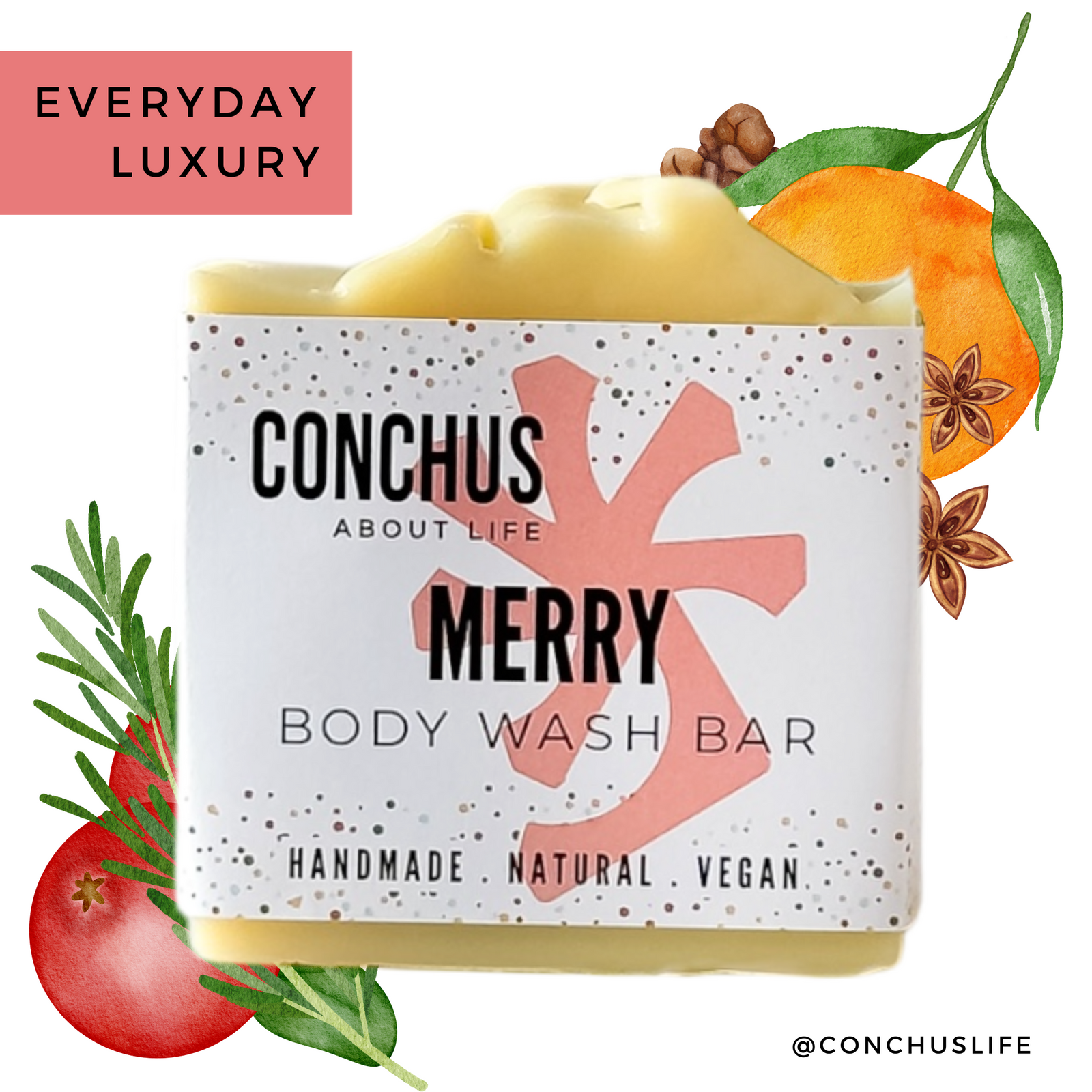 MERRY vegan festive body wash bar with red and pink clay stripe