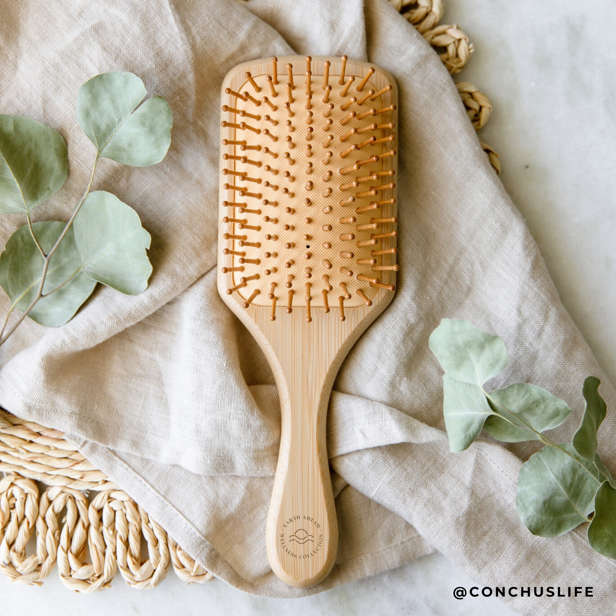 Large Square Bamboo Hairbrush with Cleaner | Eco Friendly: Brush + Cleaner + Pouch