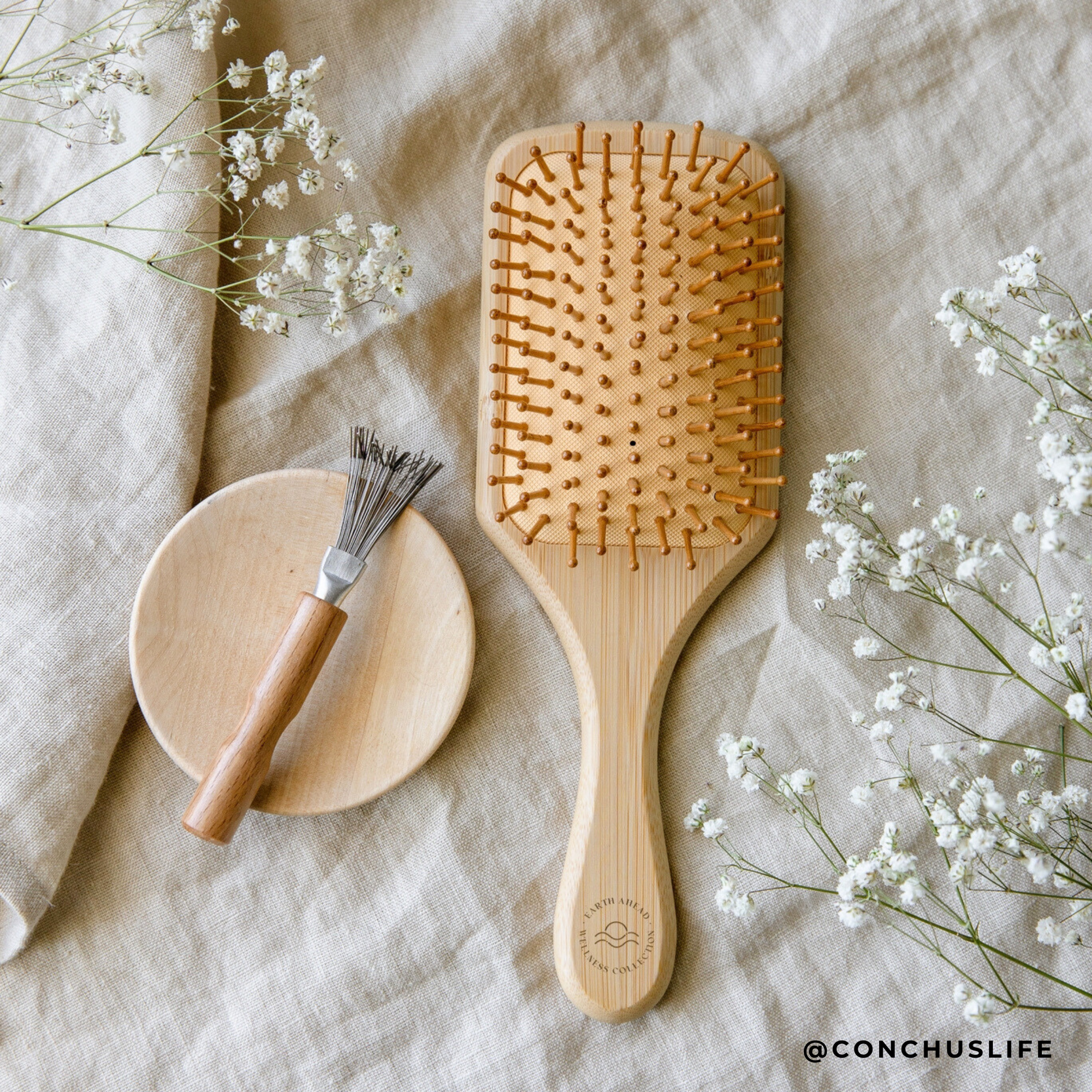 Large Square Bamboo Hairbrush with Cleaner | Eco Friendly: Brush + Cleaner + Pouch