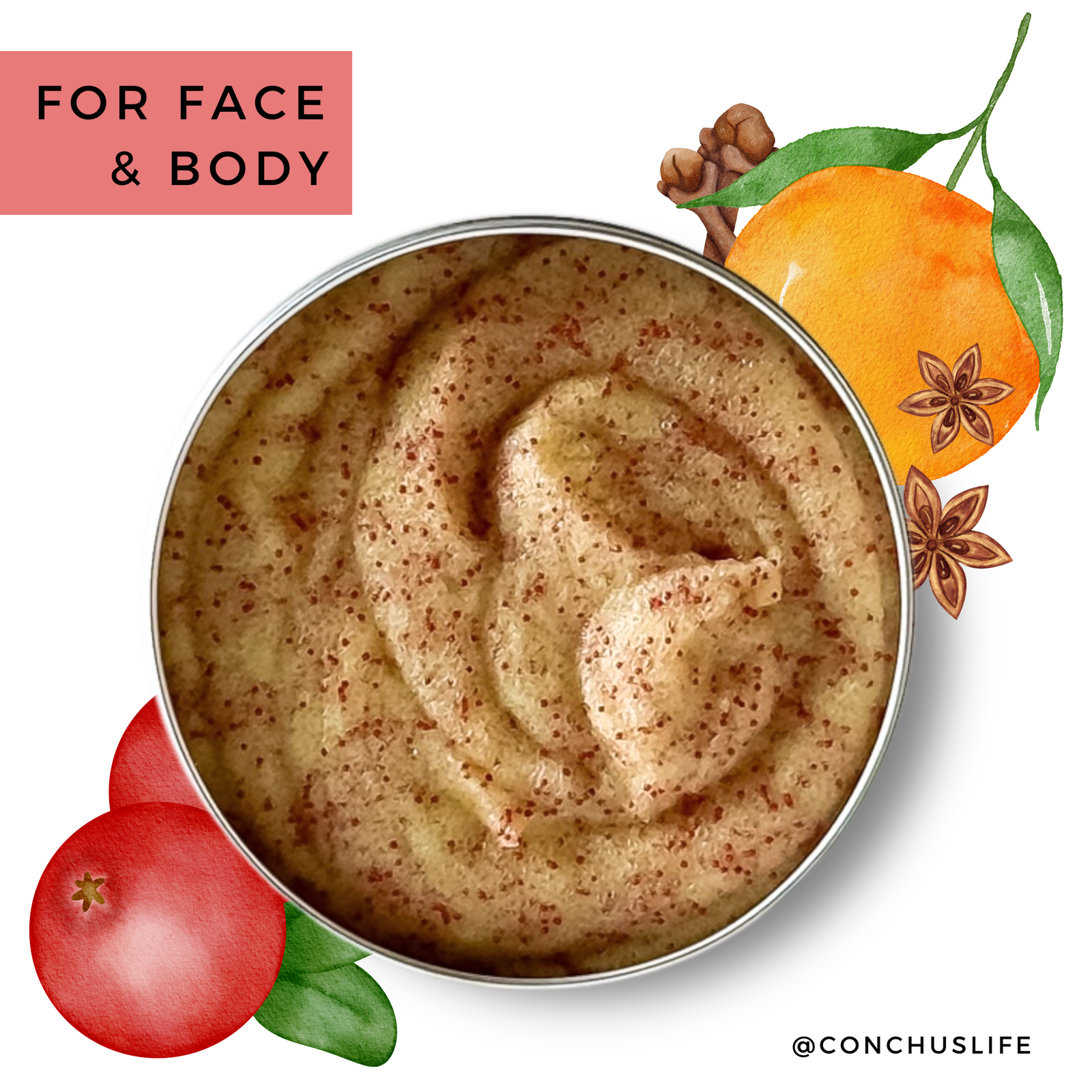 CONCHUS MERRY Sugar Scrub 150g tin with festive orange, spice and cranberry illustrations for face and body