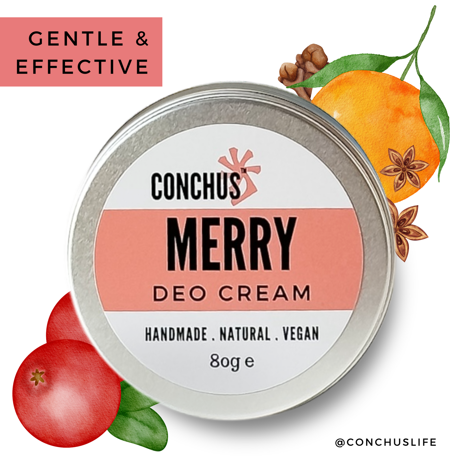 CONCHUS MERRY Deo Cream 80g tin with festive orange, spice and cranberry illustrations.