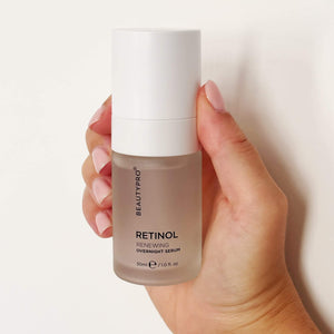 BEAUTYPRO Retinol 1% serum held in hand — overnight renewal serum vegan plant-based 30ml