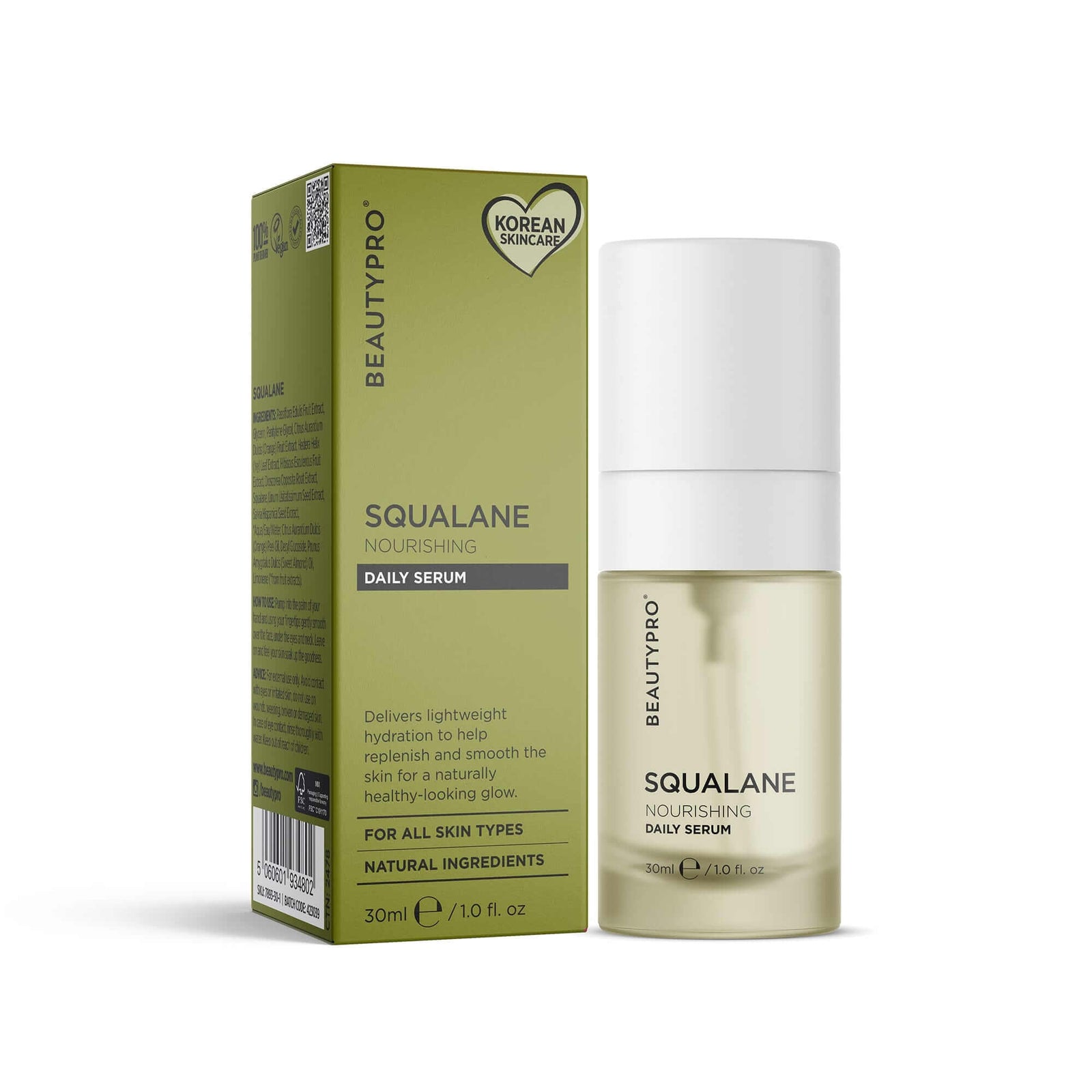 BEAUTYPRO Squalane Nourishing Daily Serum 30ml with box — olive-derived vegan face serum for all skin types