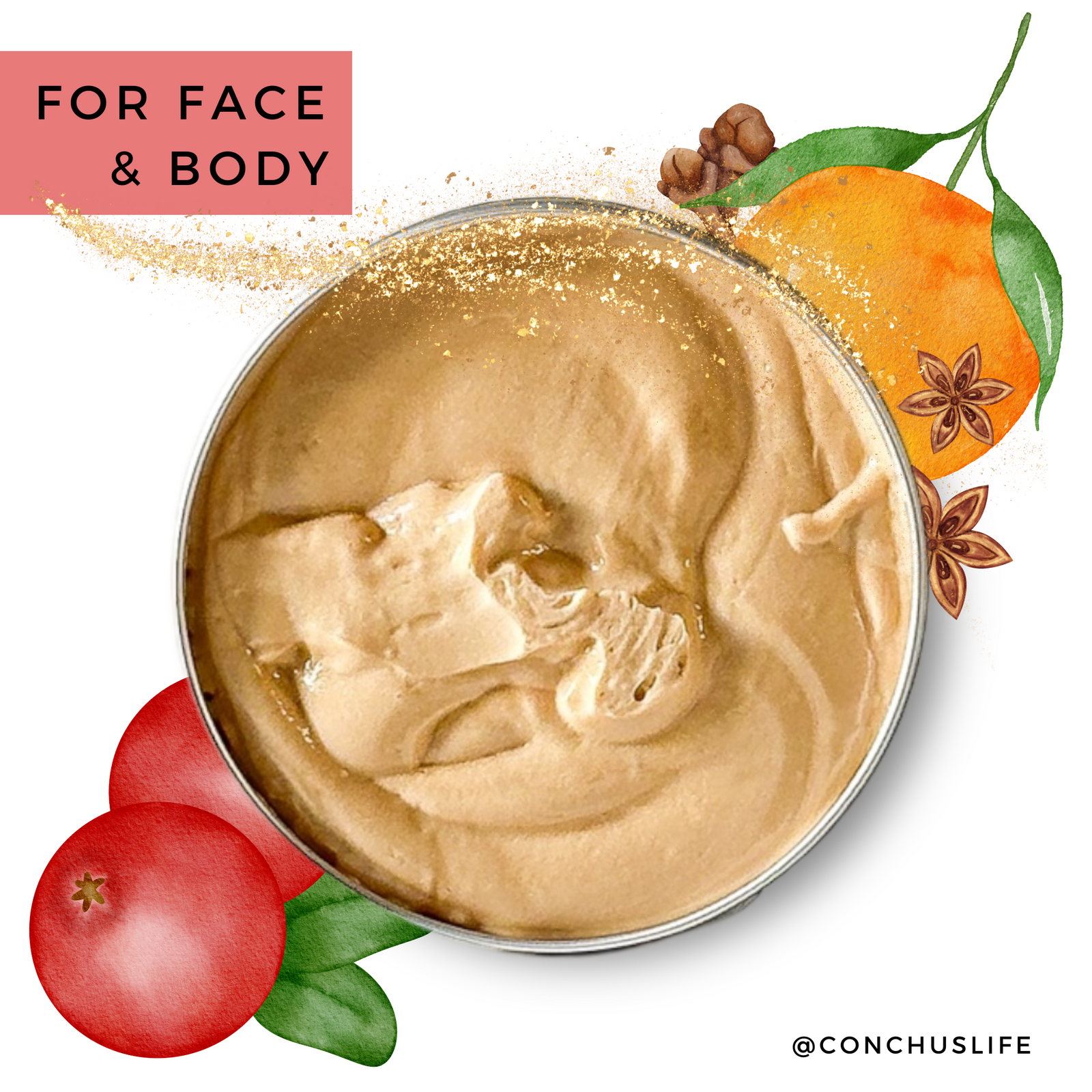 CONCHUS MERRY Light Cream Shimmer tin for face and body with festive orange, spice and cranberry illustrations.
