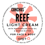 Reef Light Cream natural vegan moisturiser label with watermelon seed oil and mango butter, plastic free packaging, 150g