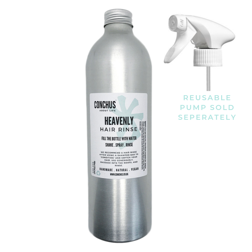 Heavenly natural hair rinse aluminium bottle with pump spray, vegan plastic free conditioner alternative